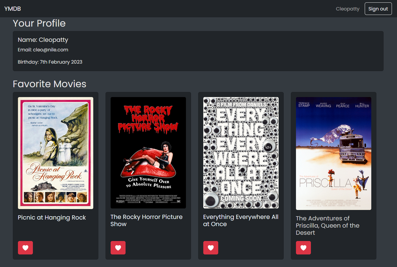 Screenshot of the React version of the YMDB app's profile view, showing a user's favorite movies